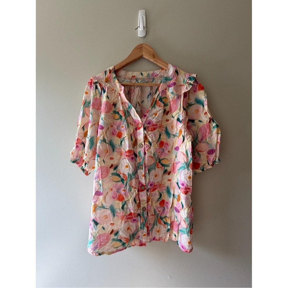 ☀️3/$15☀️ Cottagecore Boho Source Unknown Blouse XL Pink Floral Ruffle Button